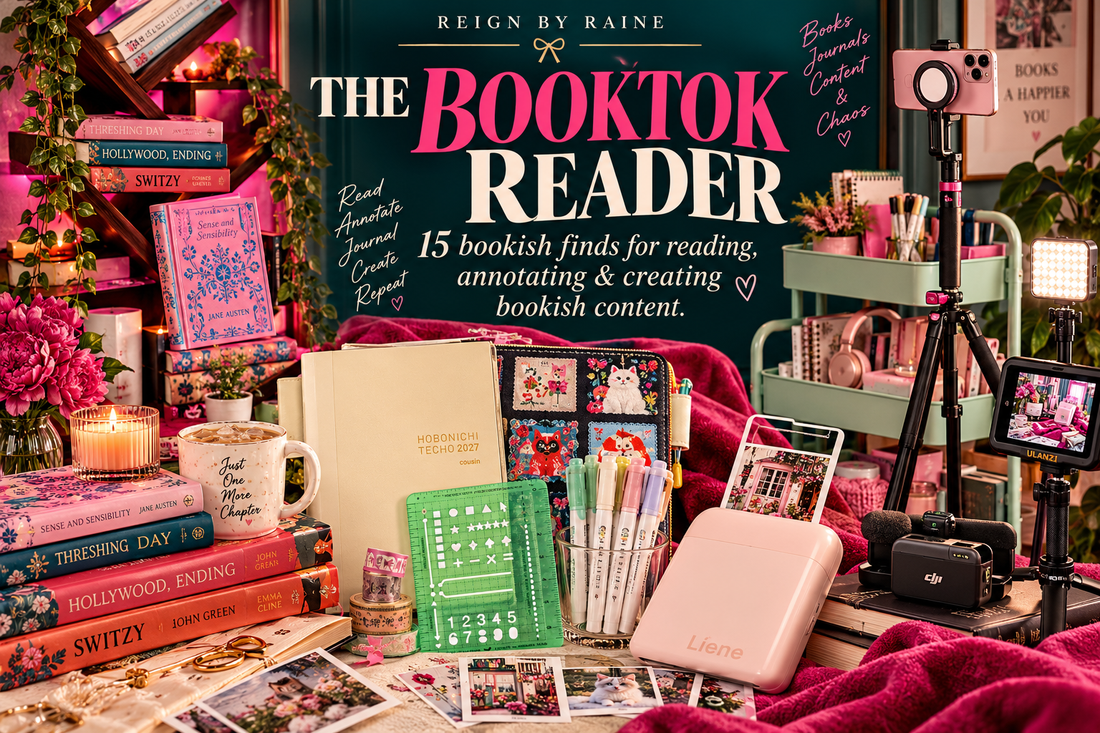 The BookTok Reader edit in peacock teal and raspberry pink featuring books, Hobonichi journaling supplies, stationery, book cart and content-creation accessories.