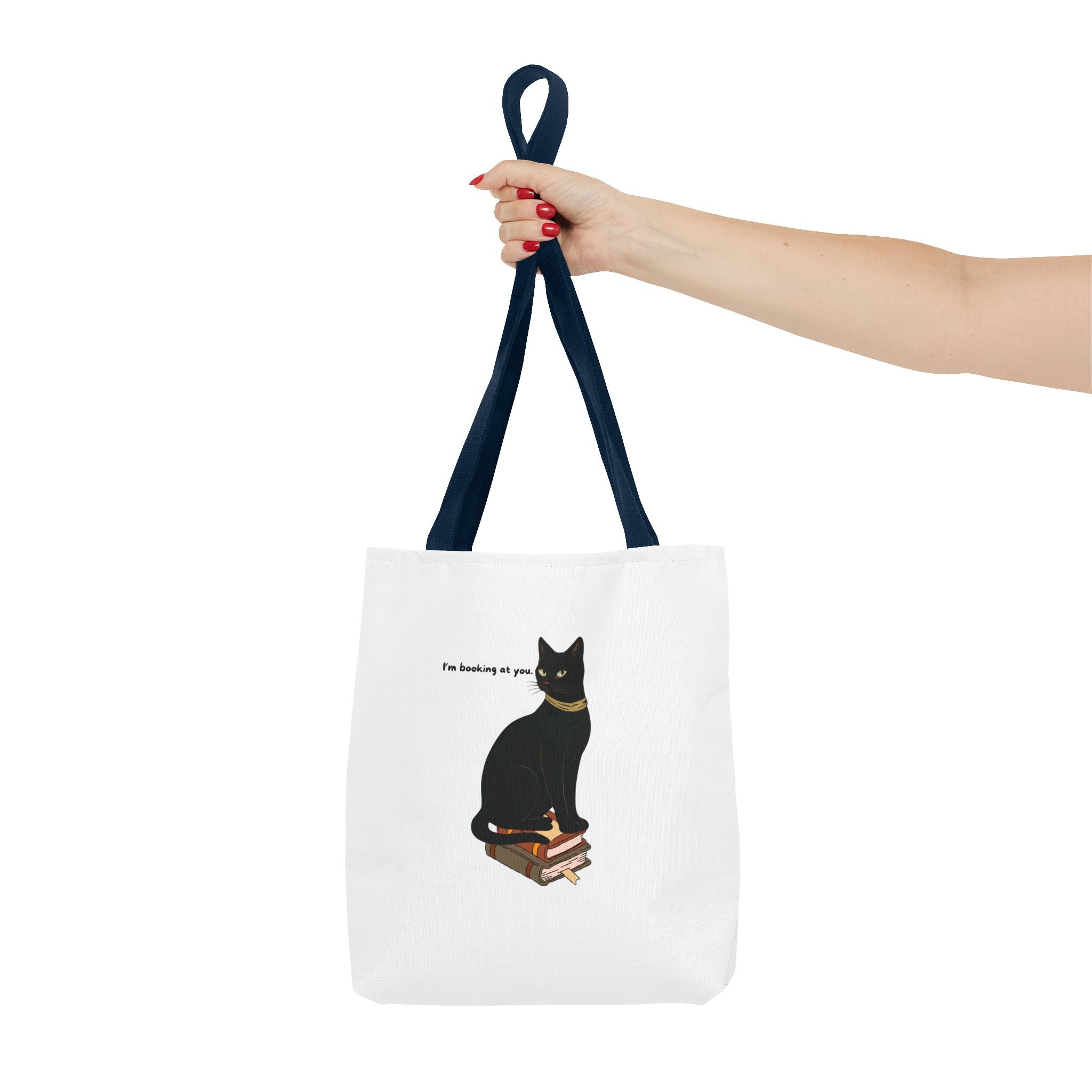 Black Cat on Books Tote Bag — “I’m Booking at You” Cute Literary Cat Library Tote