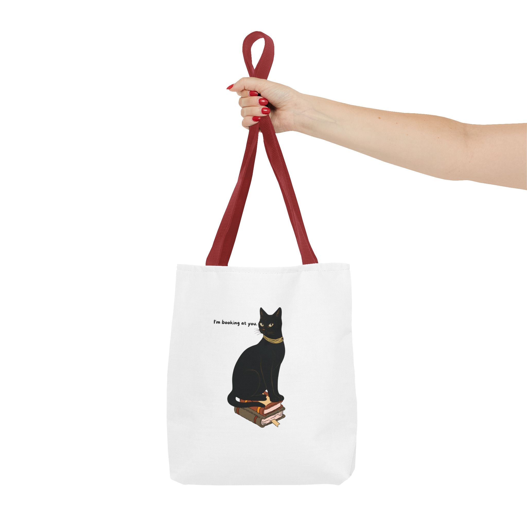 Black Cat on Books Tote Bag — “I’m Booking at You” Cute Literary Cat Library Tote