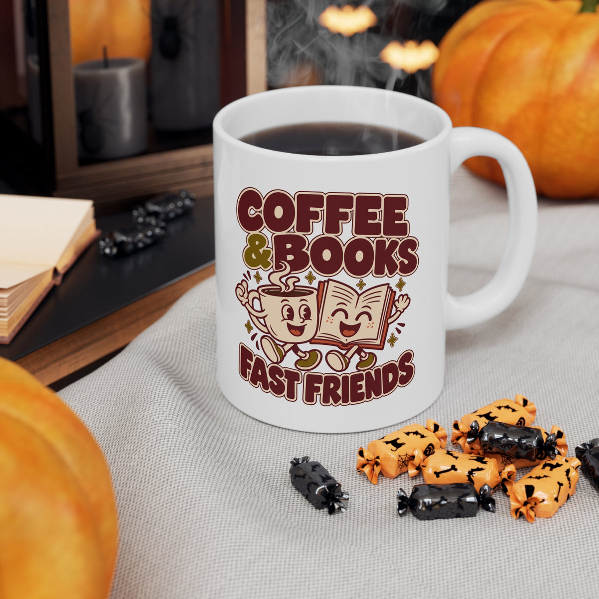 Coffee Mug — “Coffee & Books: Fast Friends” Cute Retro Ceramic Booklover Gift (11oz/15oz)