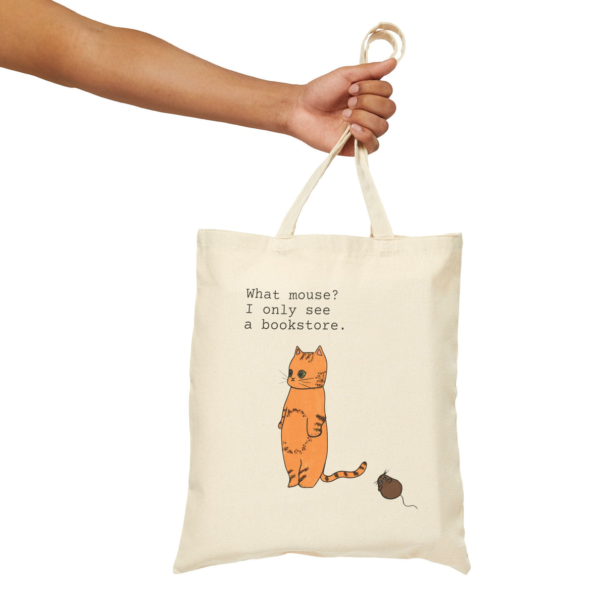 Cat Tote Bag for Book Lovers, 'What mouse? I only see a bookstore.'