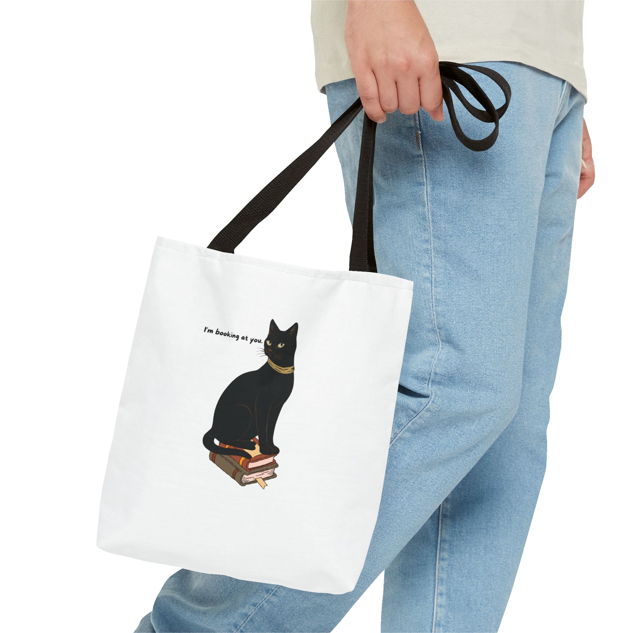 Black Cat on Books Tote Bag — “I’m Booking at You” Cute Literary Cat Library Tote