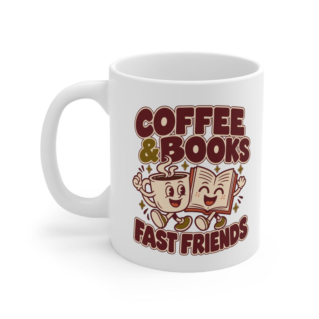 Coffee Mug — “Coffee & Books: Fast Friends” Cute Retro Ceramic Booklover Gift (11oz/15oz)