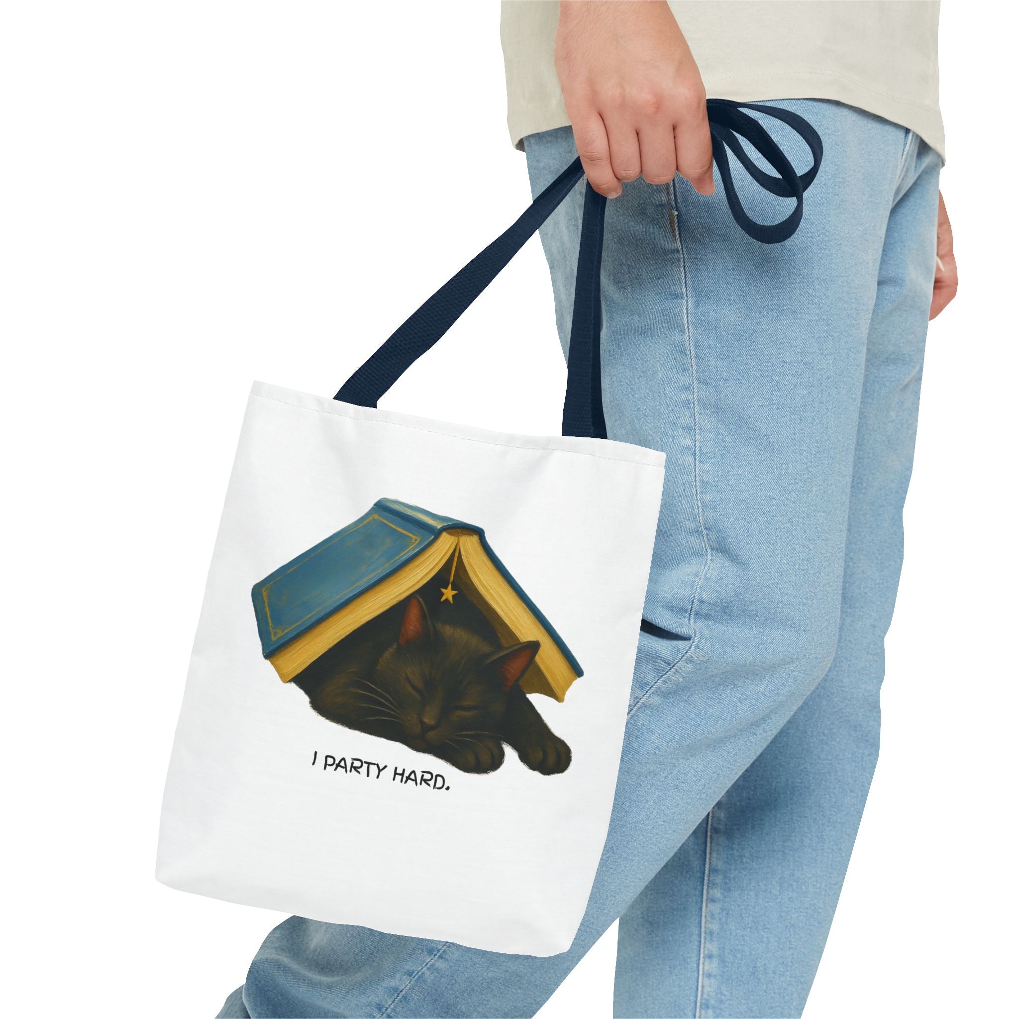 Cat & Book Tote Bag — "I Party Hard" Cute Sleepy Kitty Booklover Tote