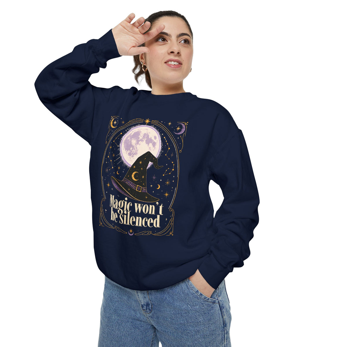 Magic Won't Be Silenced Sweatshirt | Witch Hat Moon Illustration