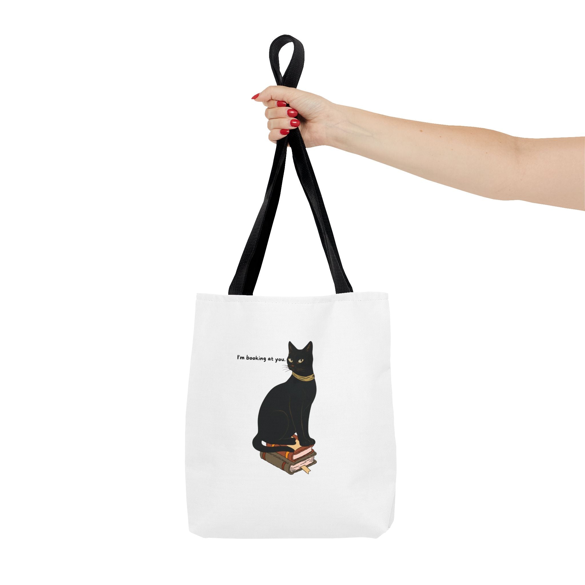 Black Cat on Books Tote Bag — “I’m Booking at You” Cute Literary Cat Library Tote