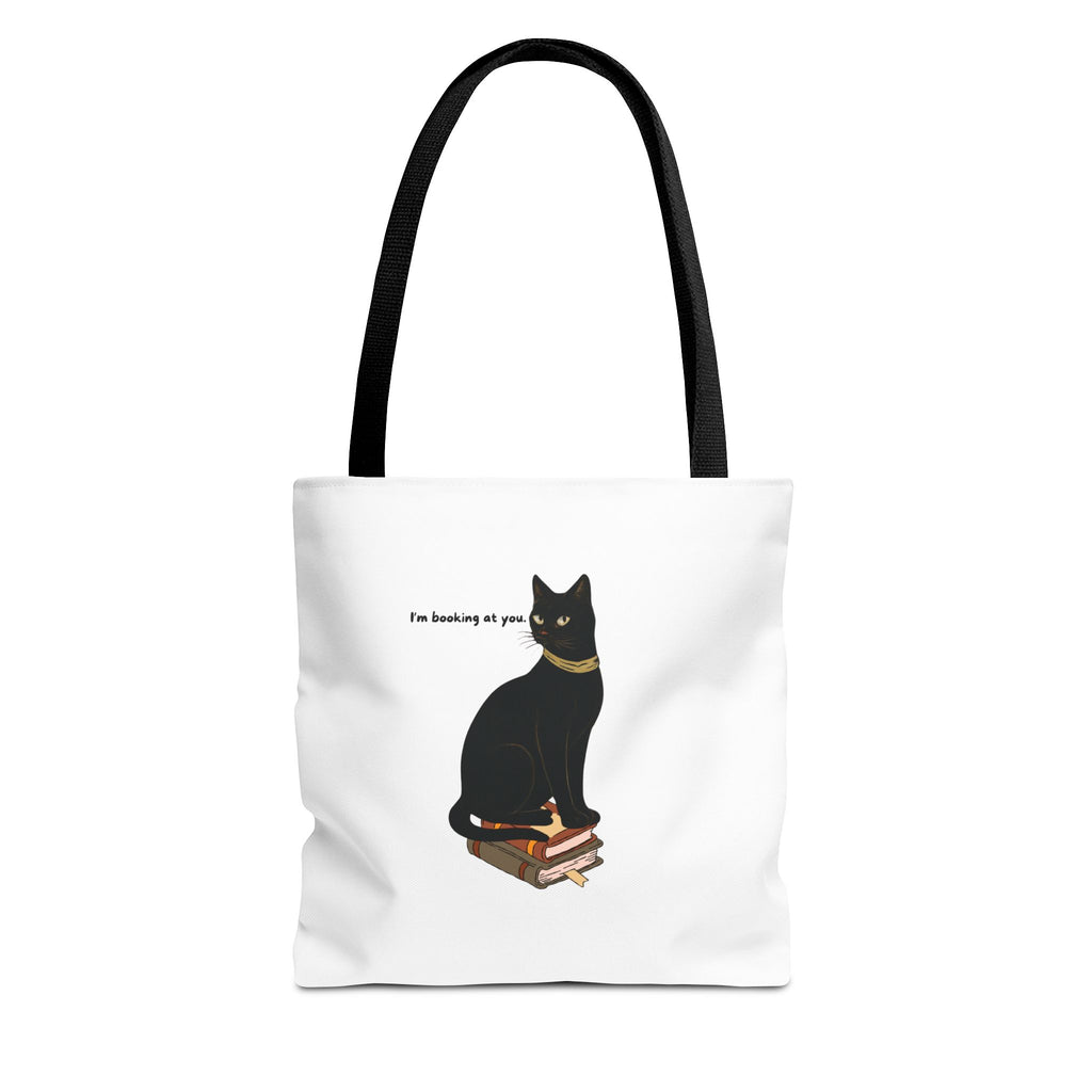Black Cat on Books Tote Bag — “I’m Booking at You” Cute Literary Cat Library Tote