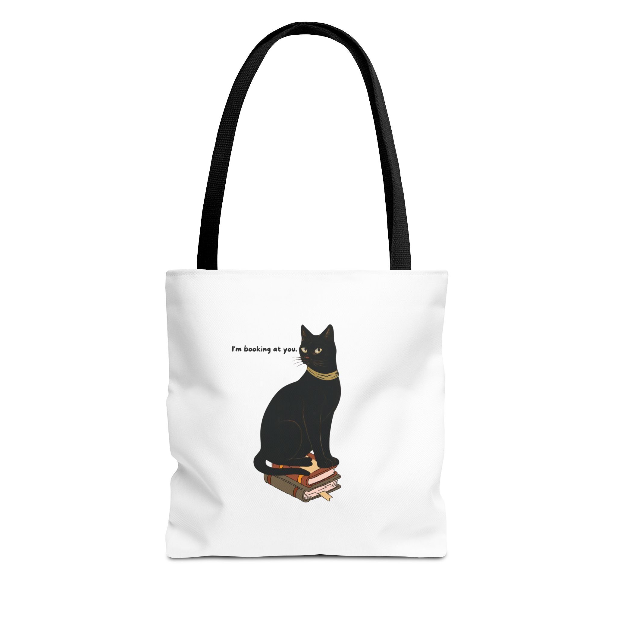 Black Cat on Books Tote Bag — “I’m Booking at You” Cute Literary Cat Library Tote