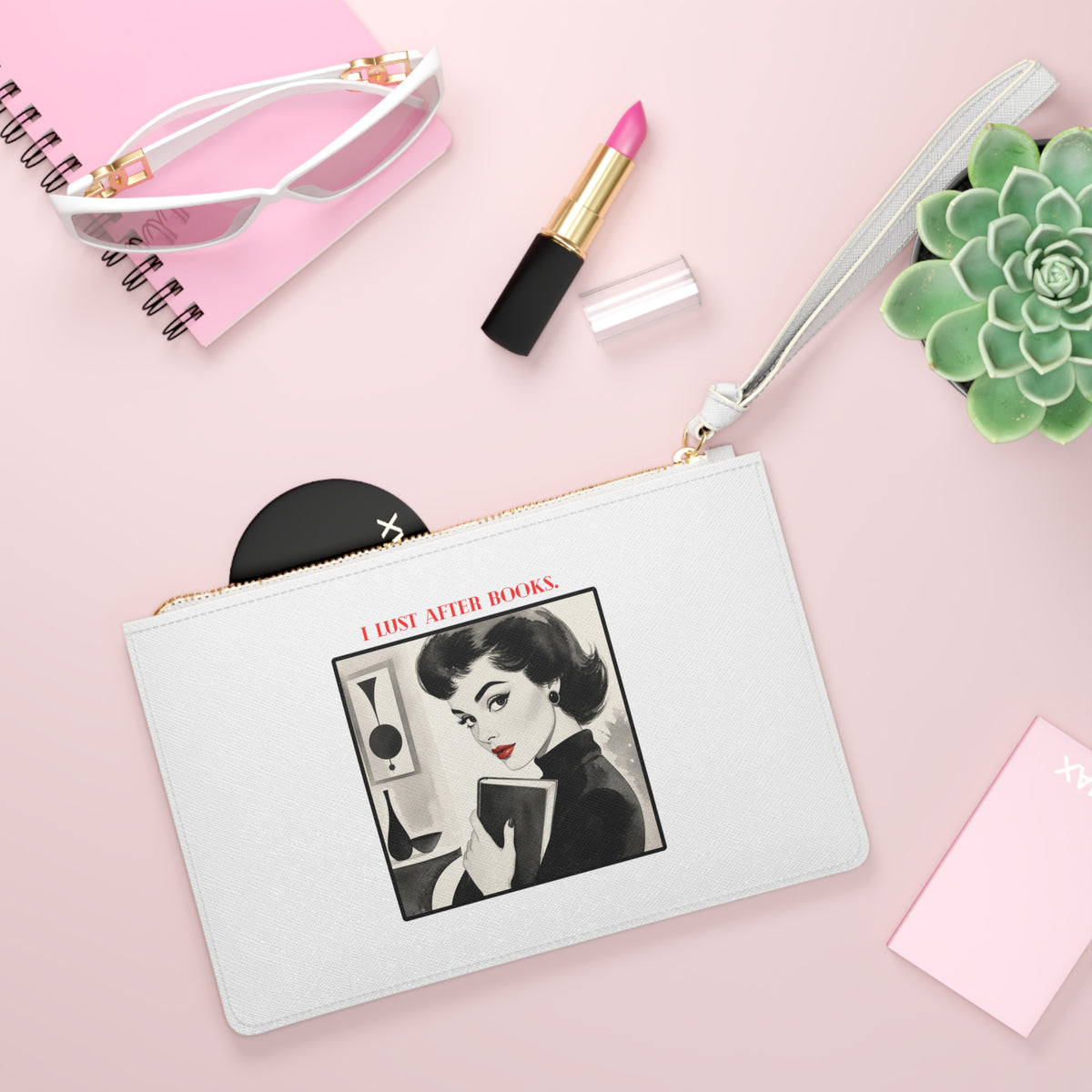 Book Lover Clutch Bag — "I Lust After Books" Vintage Reader Wristlet
