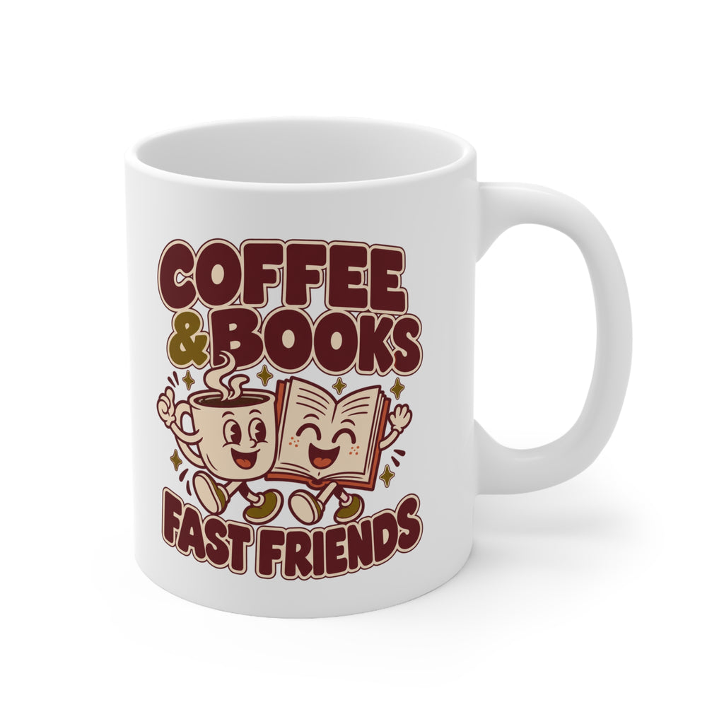 Coffee Mug — “Coffee & Books: Fast Friends” Cute Retro Ceramic Booklover Gift (11oz/15oz)