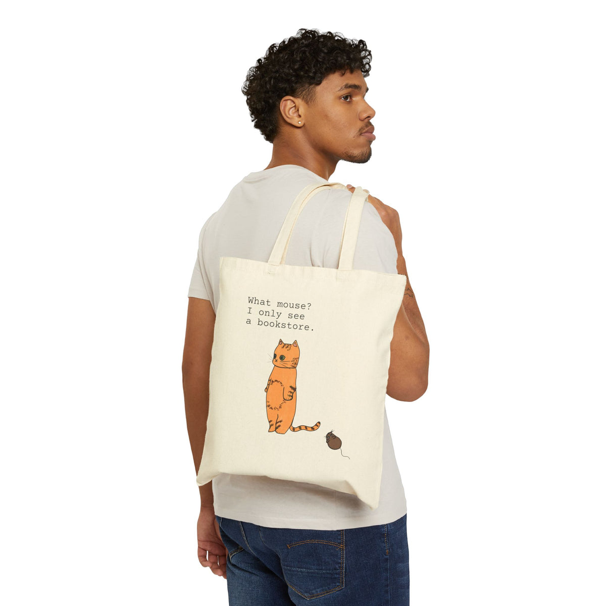 Cat Tote Bag for Book Lovers, 'What mouse? I only see a bookstore.'