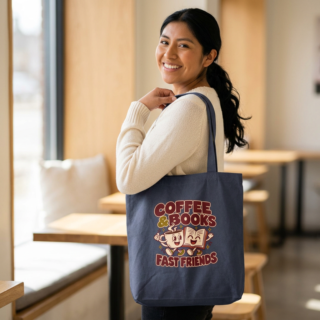 Retro Denim Tote — "Coffee & Books: Fast Friends" Booklover Canvas Bag