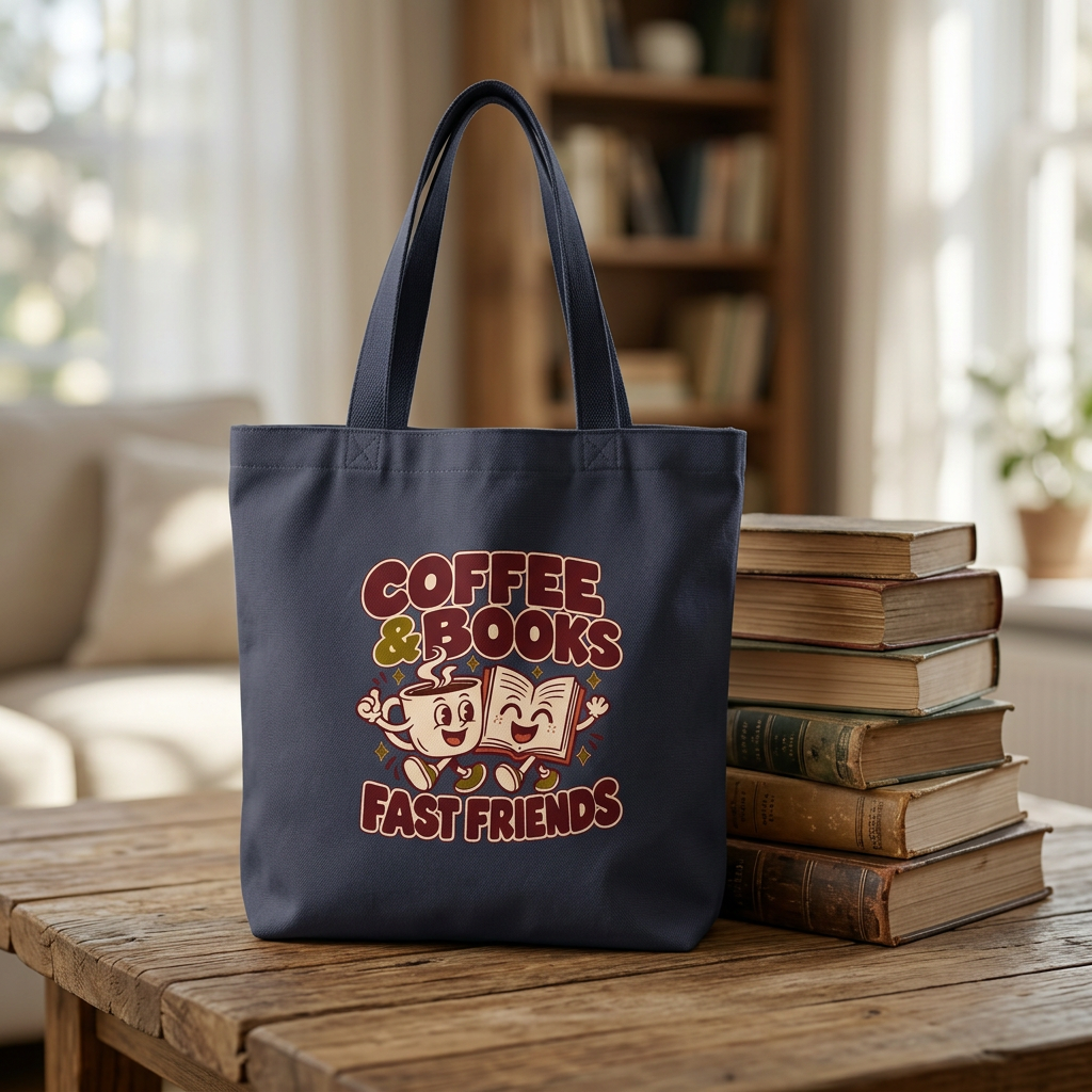 Retro Denim Tote — "Coffee & Books: Fast Friends" Booklover Canvas Bag