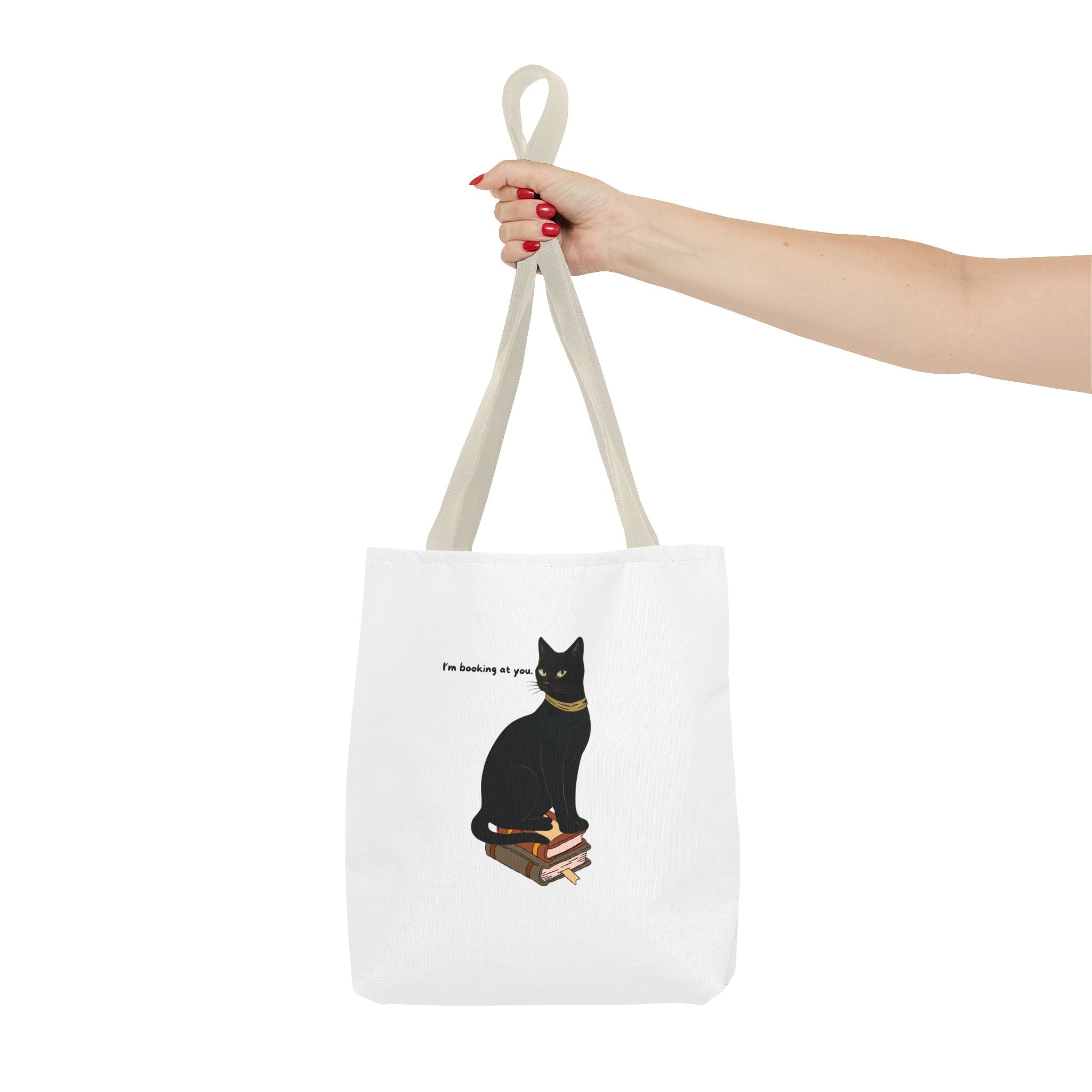 Black Cat on Books Tote Bag — “I’m Booking at You” Cute Literary Cat Library Tote
