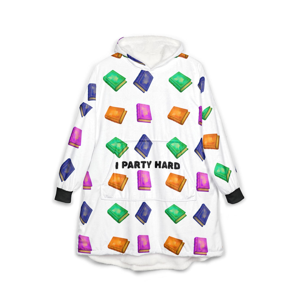 Hooded Blanket — Books Pattern with "I PARTY HARD" Cozy Hoodie