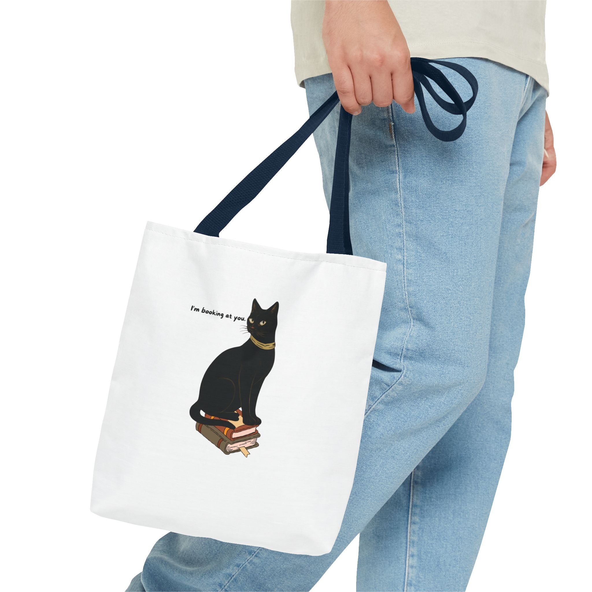 Black Cat on Books Tote Bag — “I’m Booking at You” Cute Literary Cat Library Tote