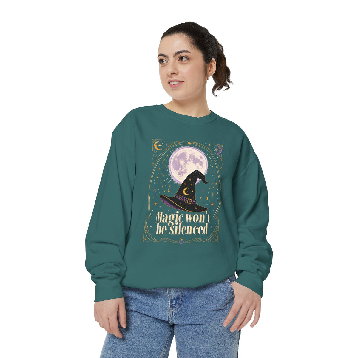 Magic Won't Be Silenced Sweatshirt | Witch Hat Moon Illustration