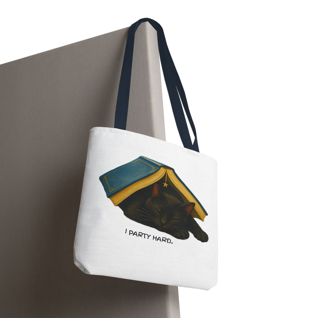 Cat & Book Tote Bag — "I Party Hard" Cute Sleepy Kitty Booklover Tote