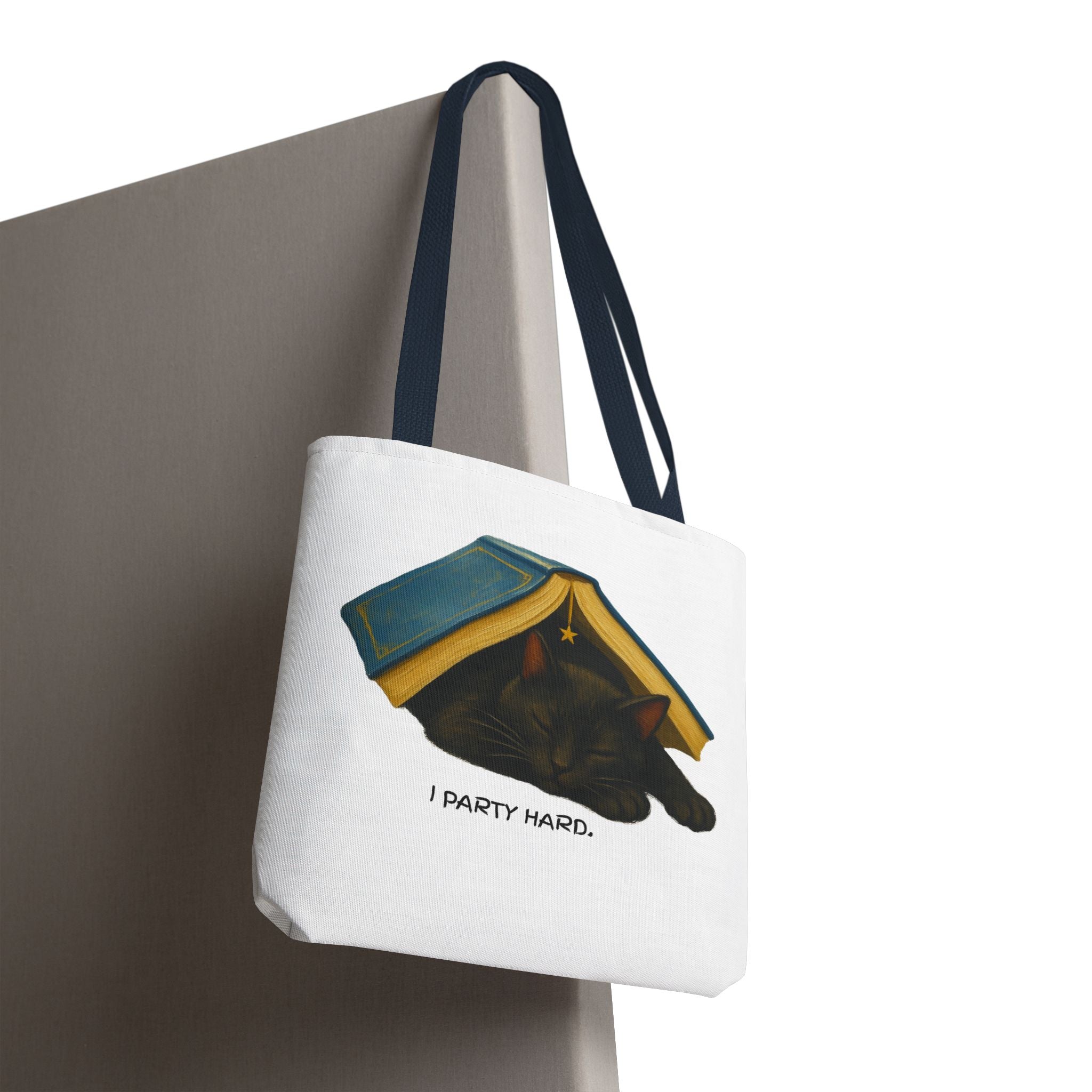 Cat & Book Tote Bag — "I Party Hard" Cute Sleepy Kitty Booklover Tote