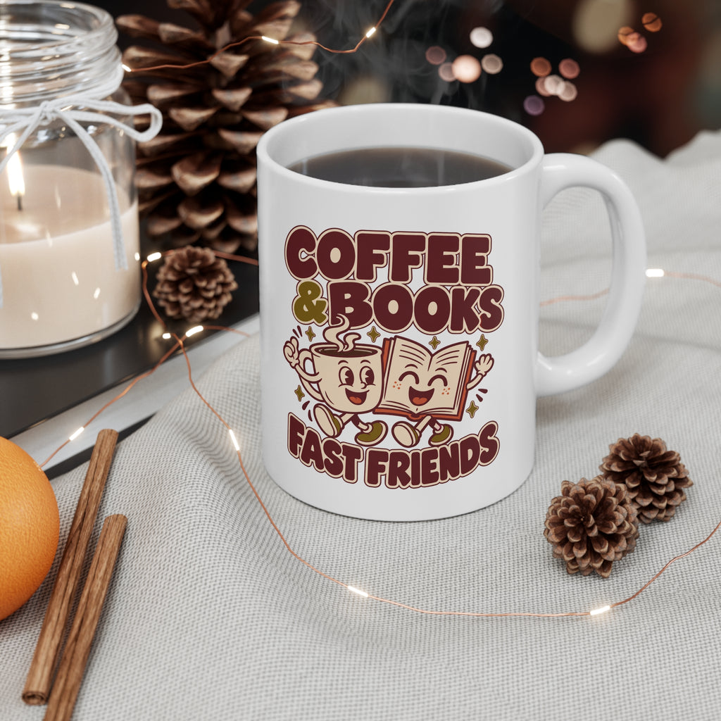 Coffee Mug — “Coffee & Books: Fast Friends” Cute Retro Ceramic Booklover Gift (11oz/15oz)