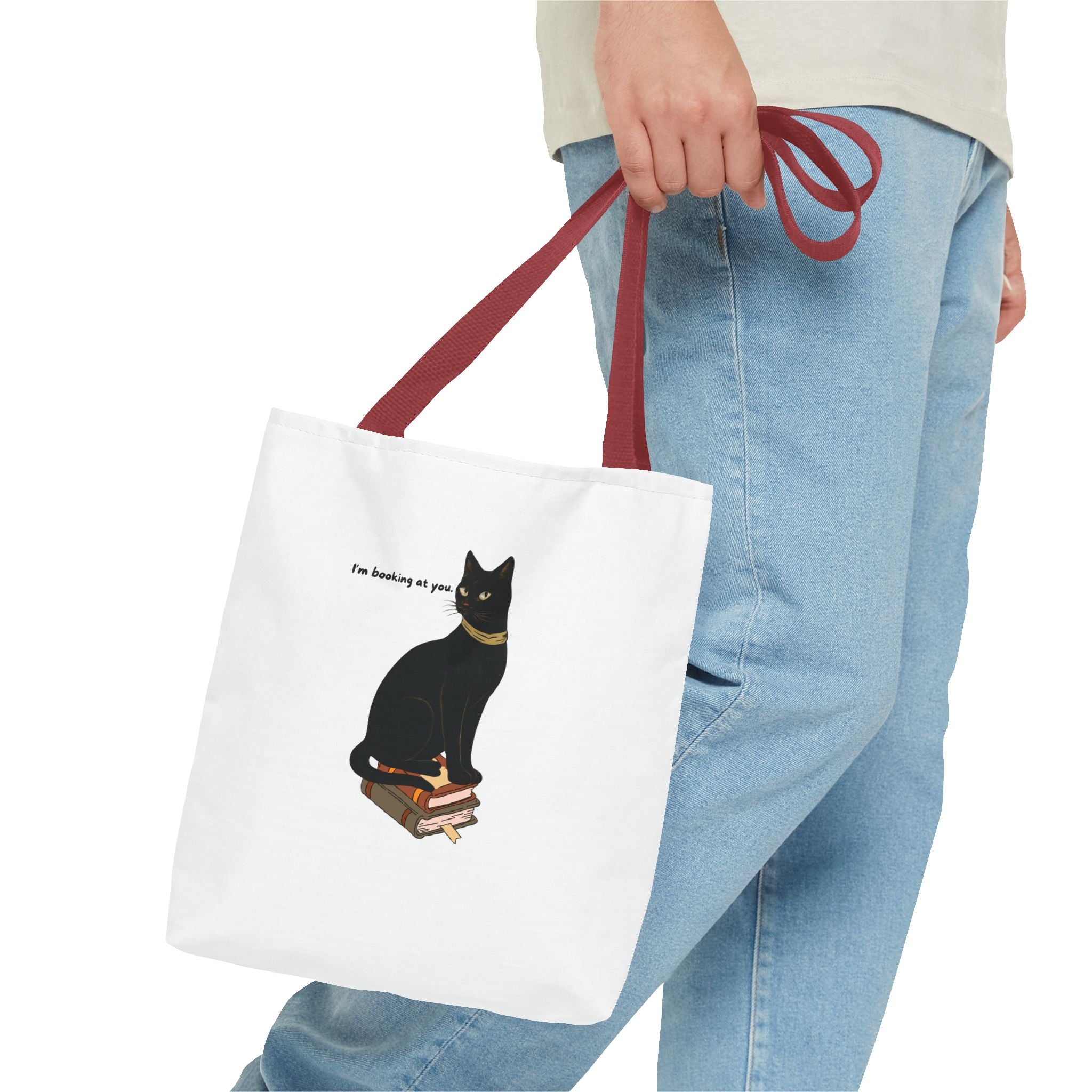 Black Cat on Books Tote Bag — “I’m Booking at You” Cute Literary Cat Library Tote