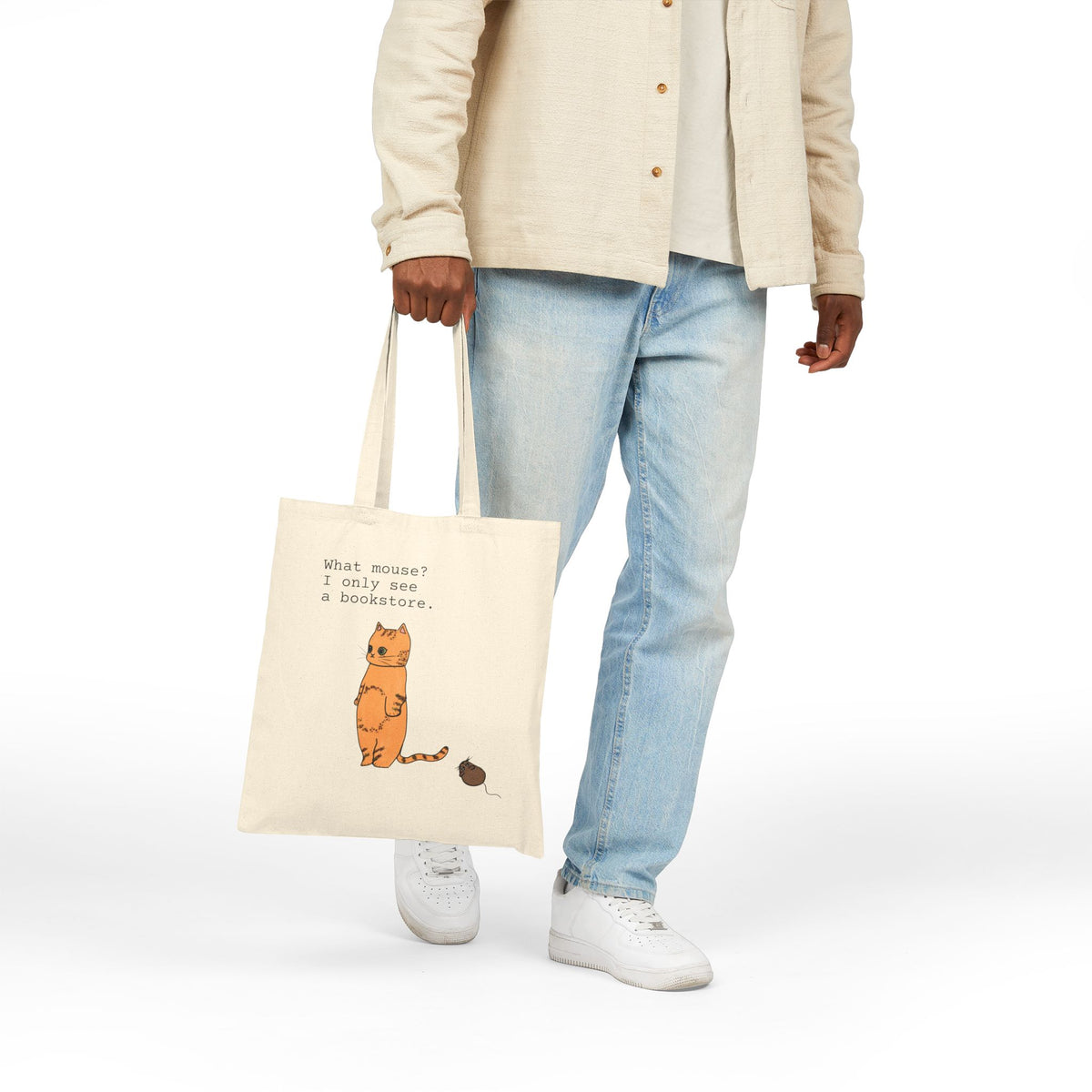 Cat Tote Bag for Book Lovers, 'What mouse? I only see a bookstore.'