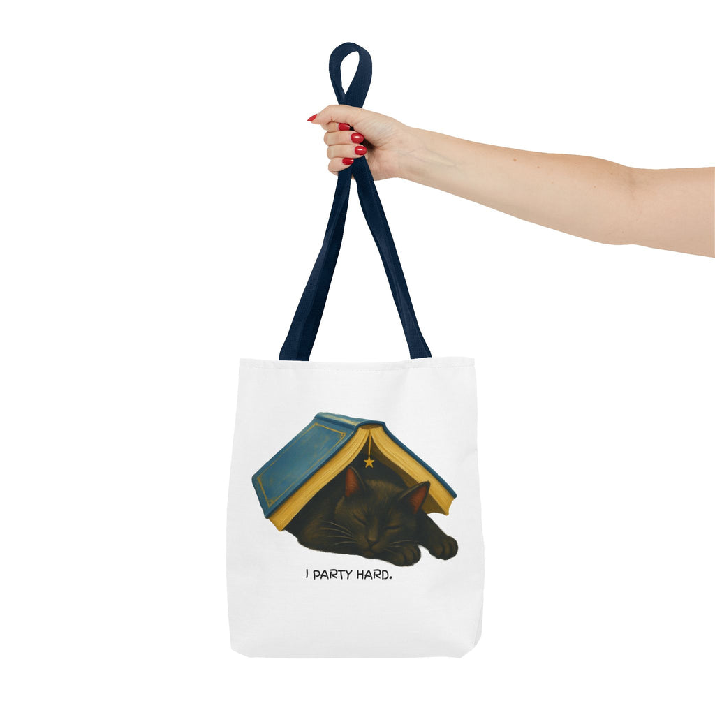 Cat & Book Tote Bag — "I Party Hard" Cute Sleepy Kitty Booklover Tote
