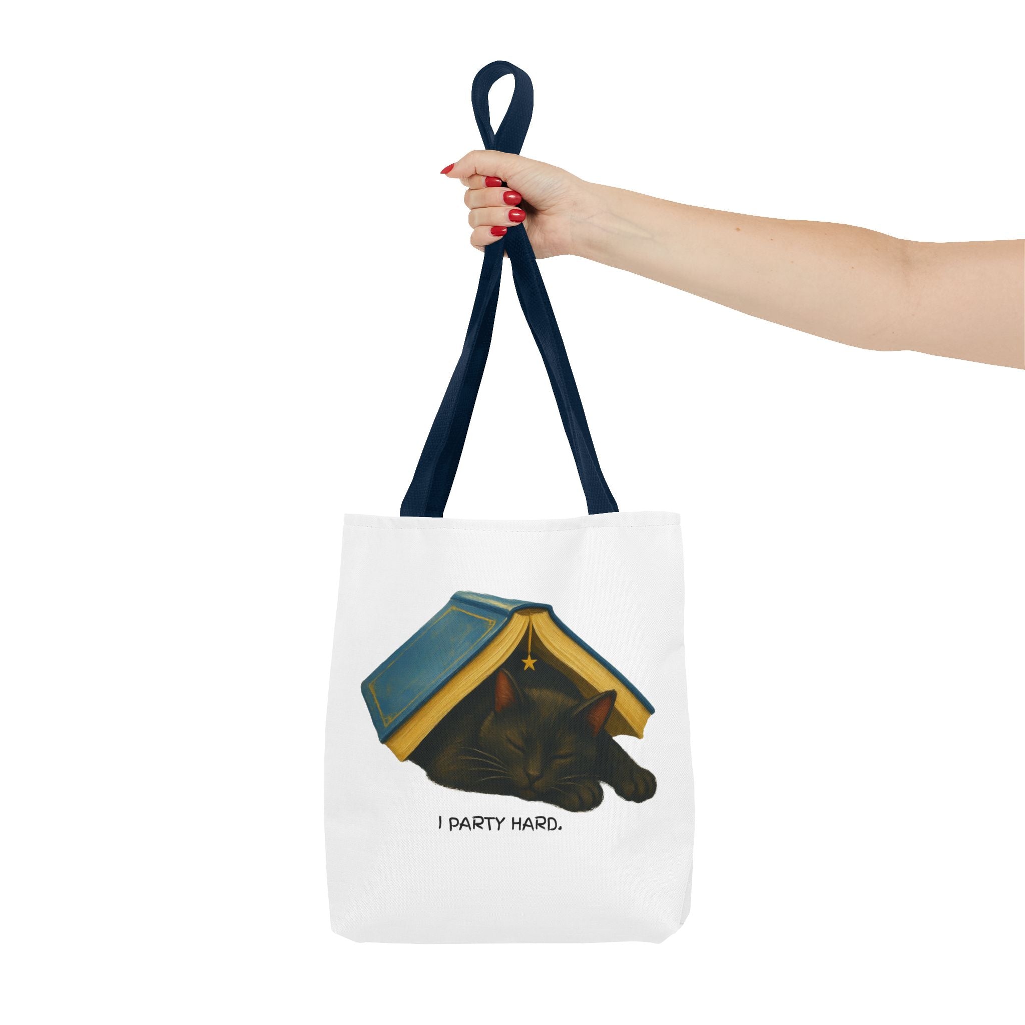 Cat & Book Tote Bag — "I Party Hard" Cute Sleepy Kitty Booklover Tote