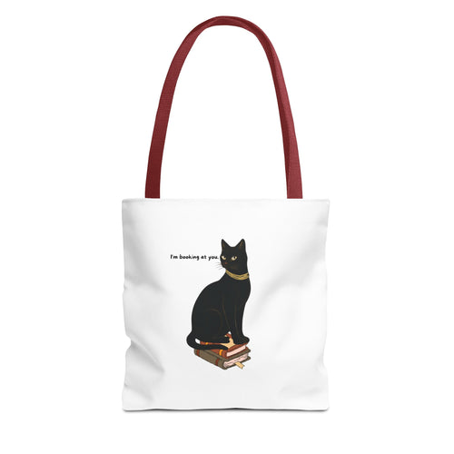 Black Cat on Books Tote Bag — “I’m Booking at You” Cute Literary Cat Library Tote