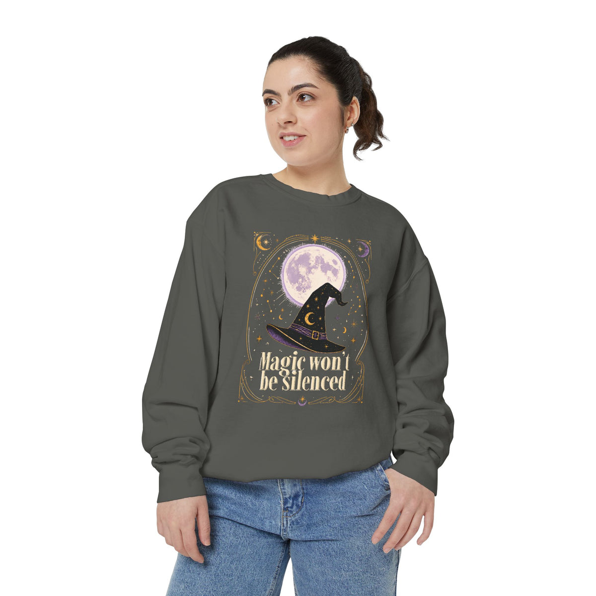 Magic Won't Be Silenced Sweatshirt | Witch Hat Moon Illustration
