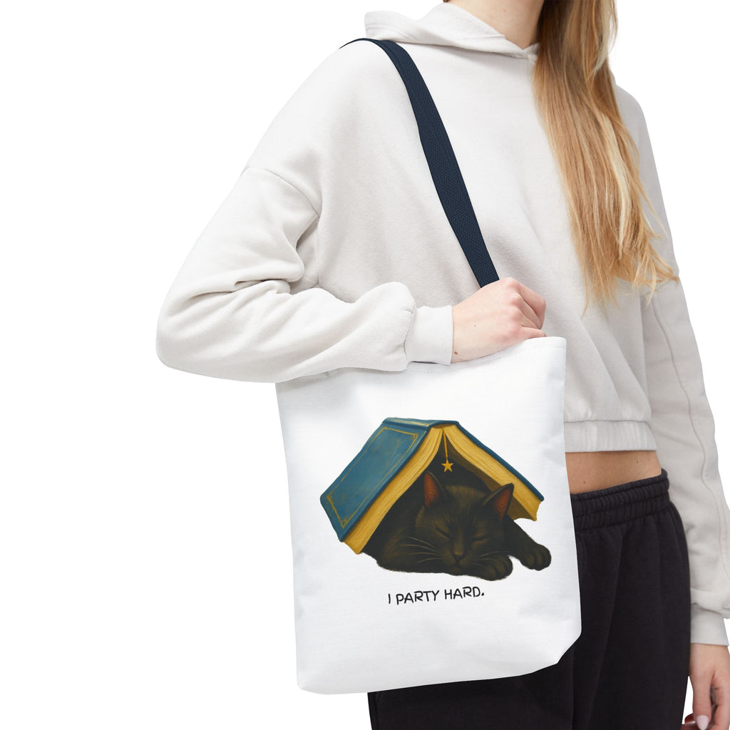 Cat & Book Tote Bag — "I Party Hard" Cute Sleepy Kitty Booklover Tote