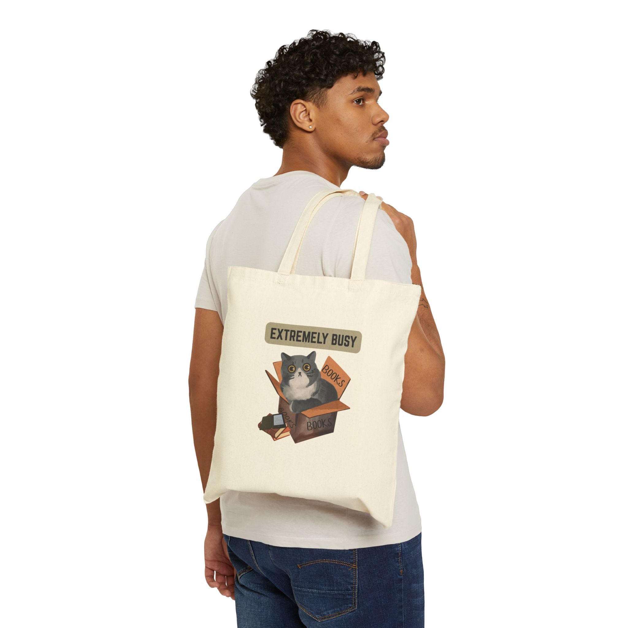 Extremely Busy Cat in Box Tote Bag | Bookish Cat Illustration