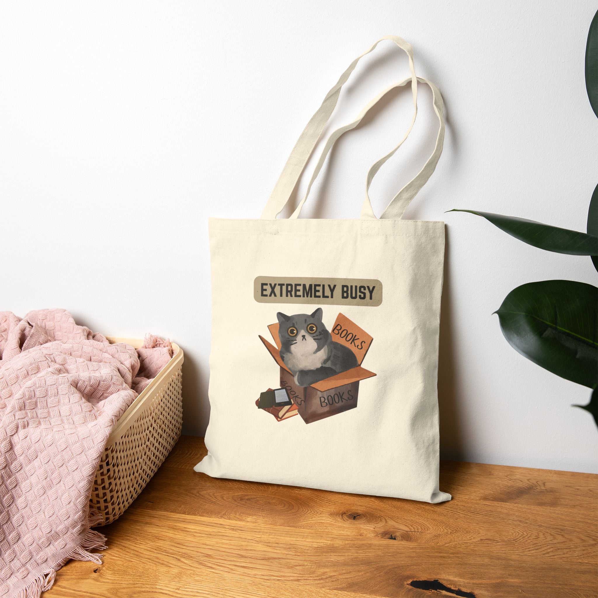Extremely Busy Cat in Box Tote Bag | Bookish Cat Illustration