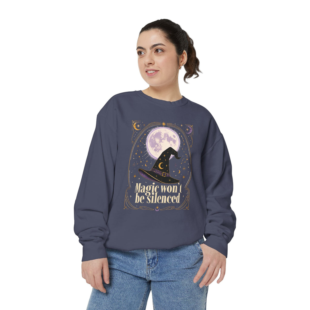 Magic Won't Be Silenced Sweatshirt | Witch Hat Moon Illustration