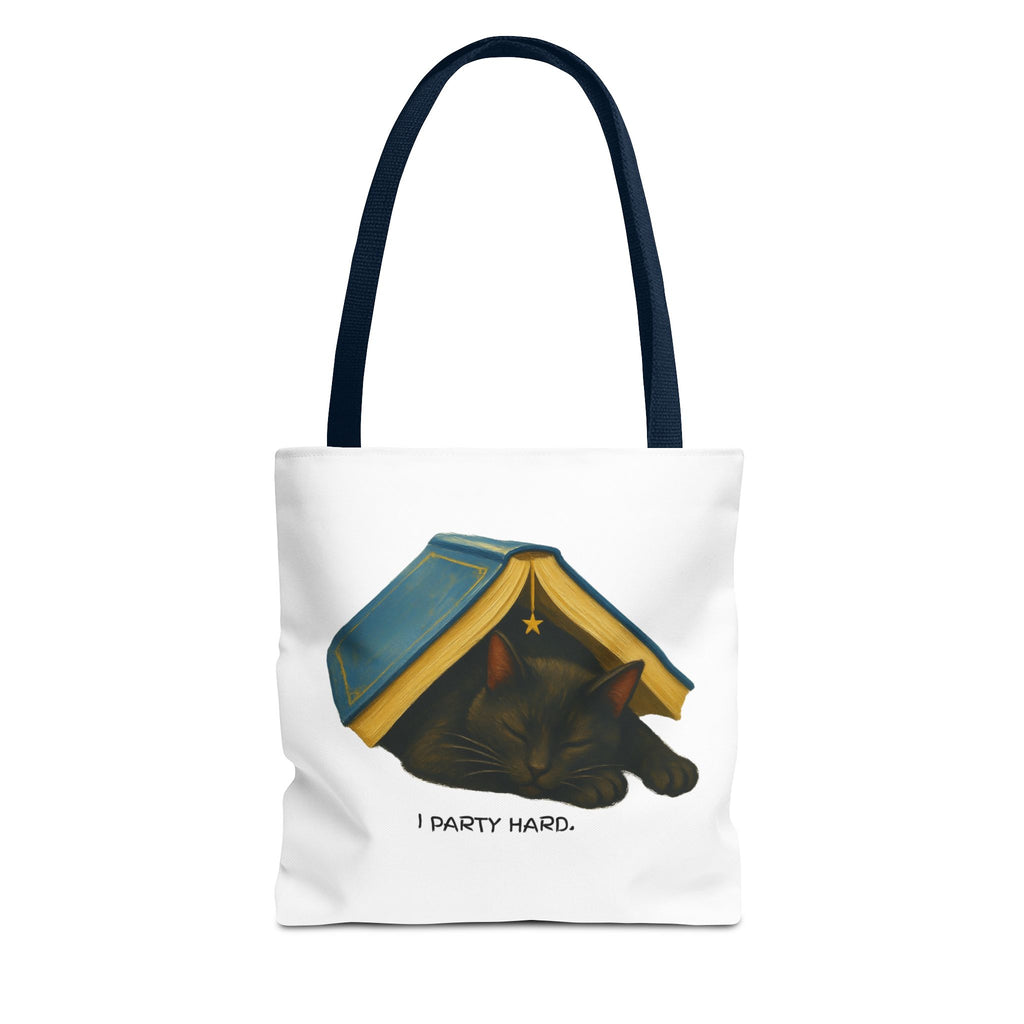 Cat & Book Tote Bag — "I Party Hard" Cute Sleepy Kitty Booklover Tote