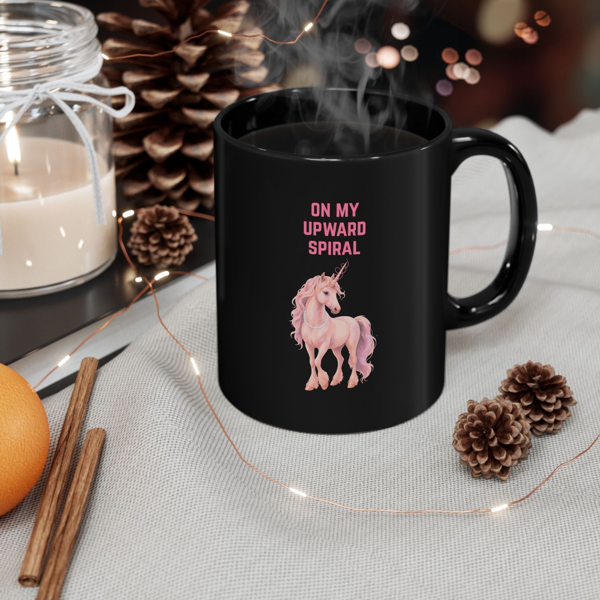 On My Upward Spiral Unicorn Mug | Black Ceramic Coffee Cup