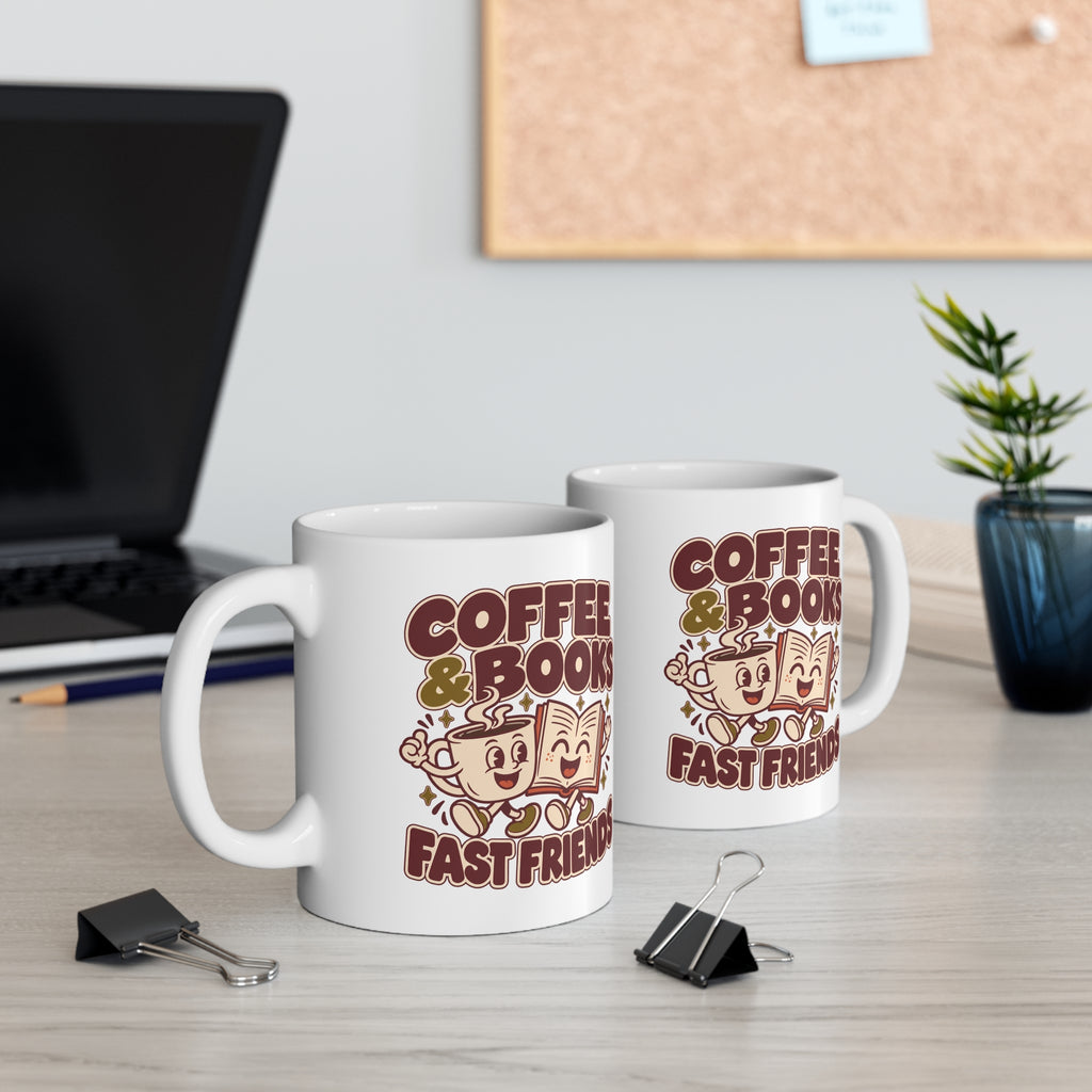 Coffee Mug — “Coffee & Books: Fast Friends” Cute Retro Ceramic Booklover Gift (11oz/15oz)