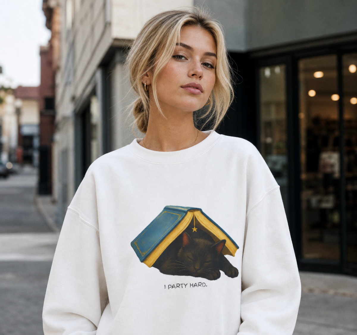 I Party Hard | Cozy Black Cat, Readers Sweatshirt