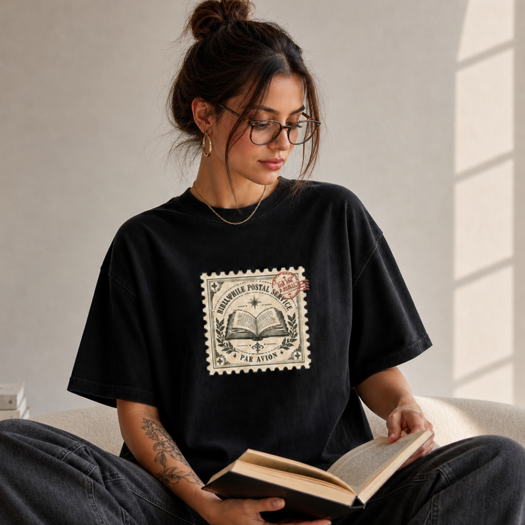A woman wearing a black oversized graphic T-shirt sits on a light beige couch, reading a book. The shirt features a vintage-style postage stamp graphic with the words Bookworm Postal Service