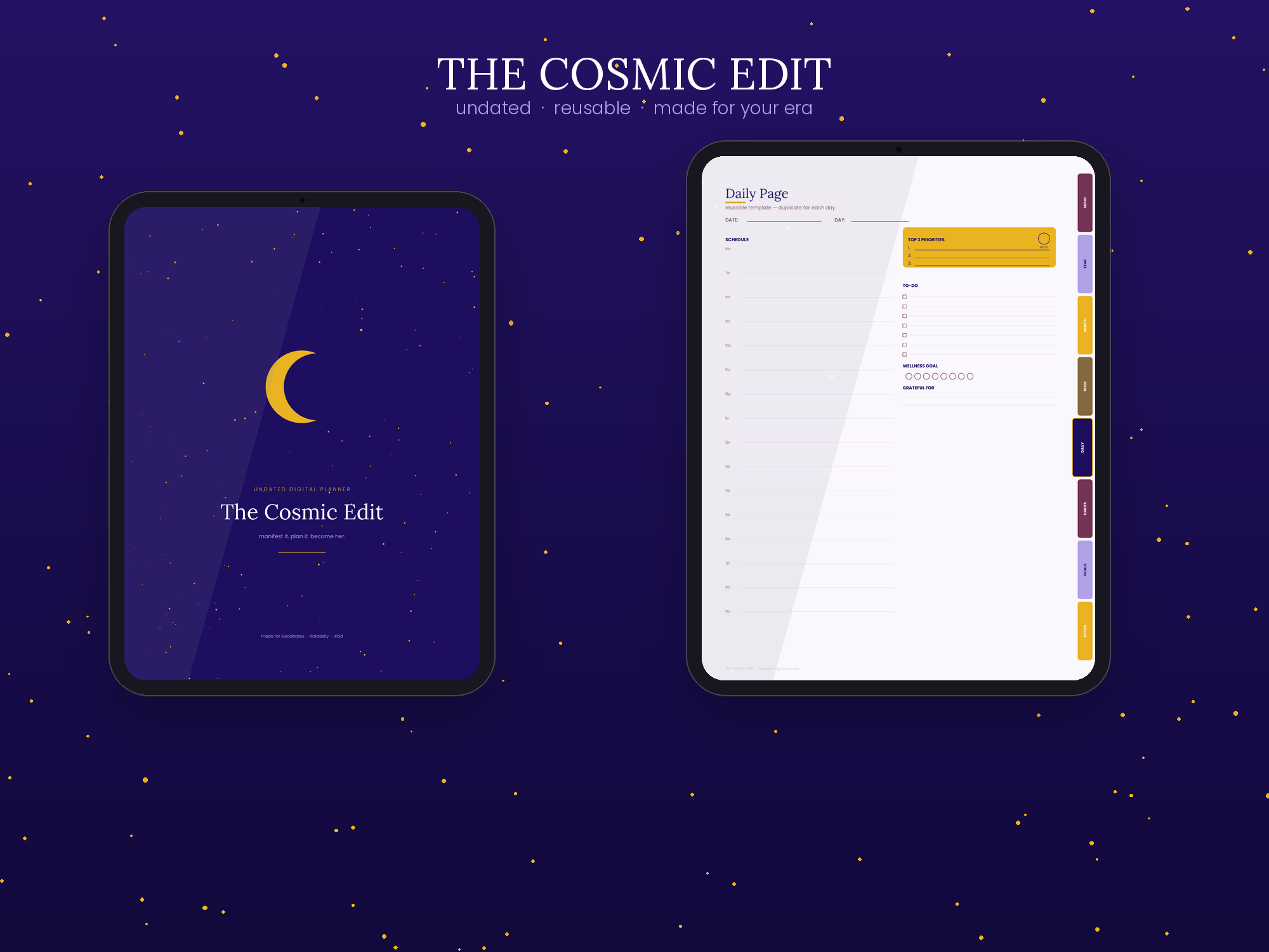 Cosmic Edit Digital Planner: Undated, Hyperlinked, Manifesting Stickers (Digital Download)